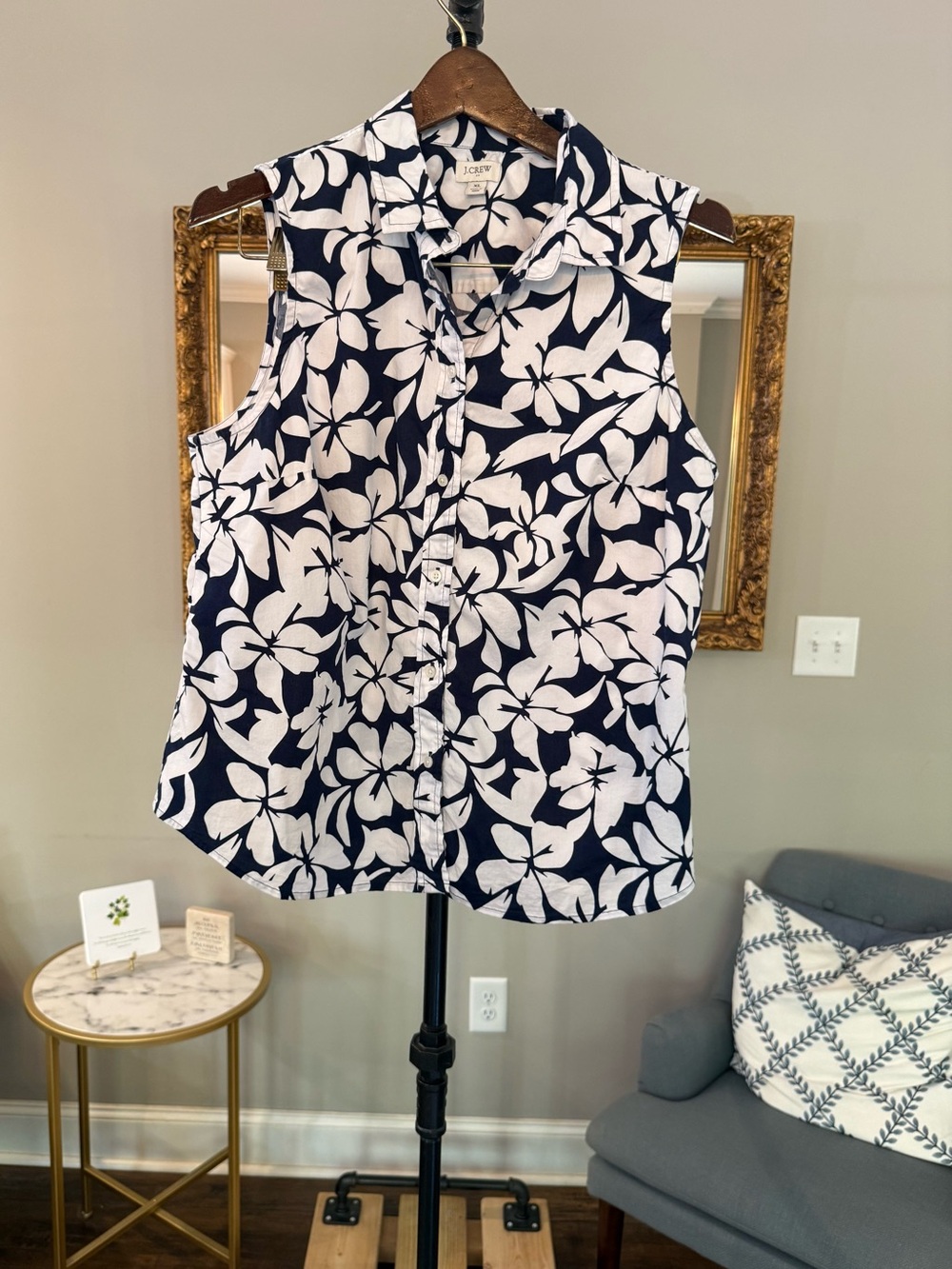 J. Crew Navy and White Sleeveless Floral Button-Down Top